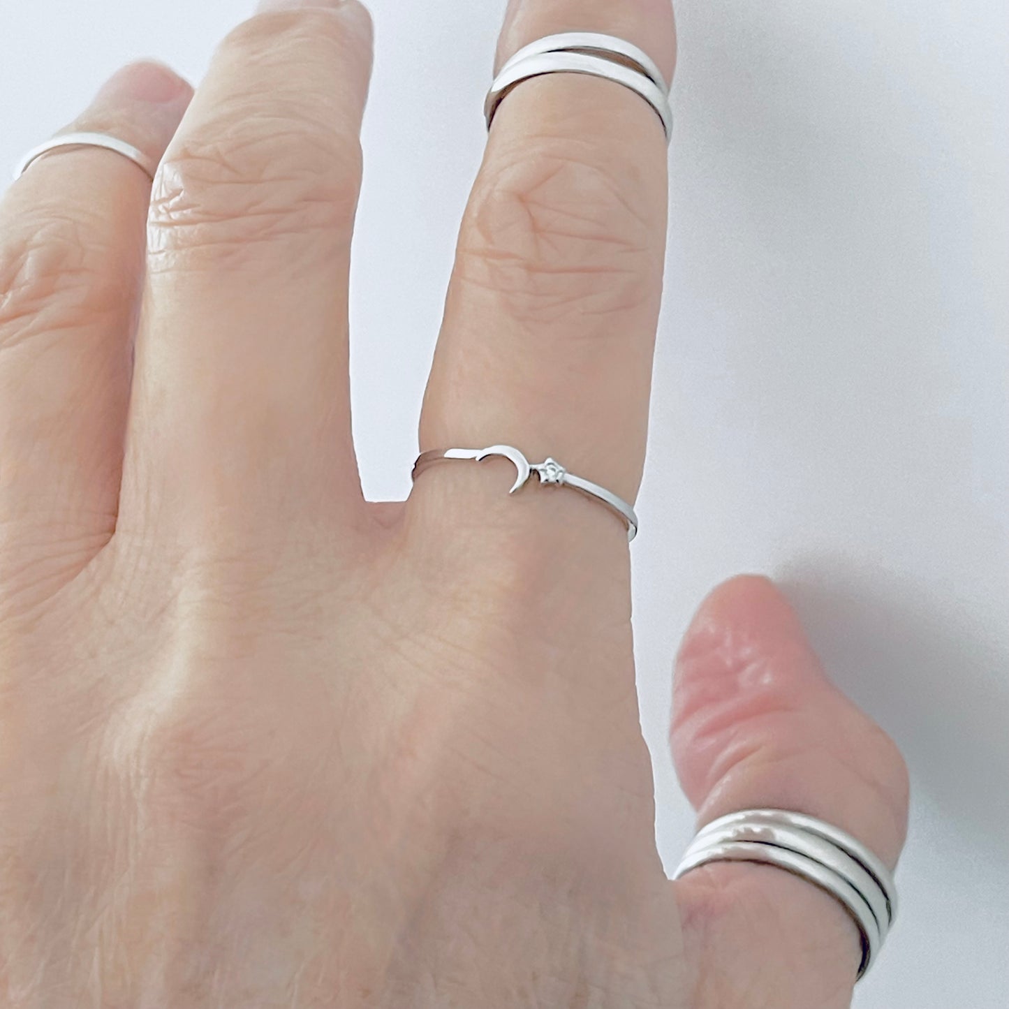 925 Sterling Silver Tiny Crescent Moon & CZ Star Ring | Dainty Delicate Celestial Silver Rings