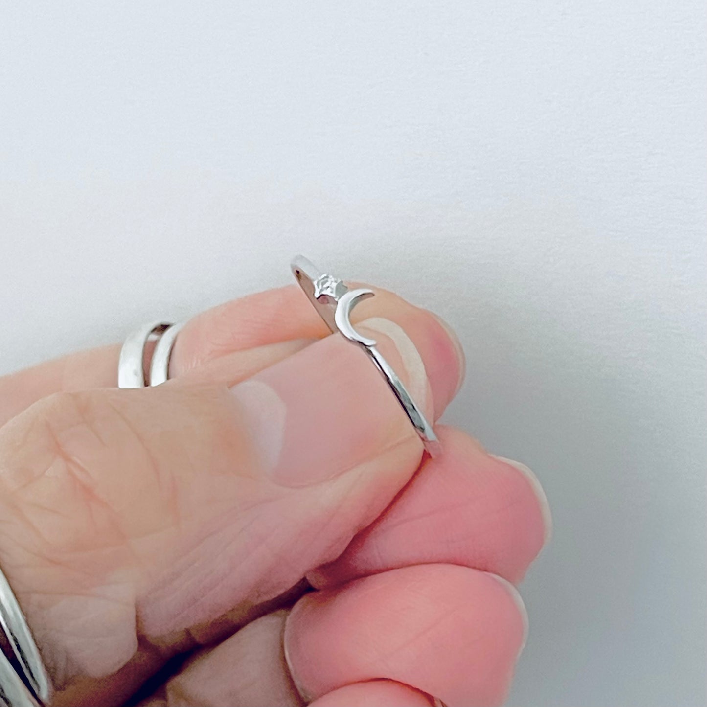 925 Sterling Silver Tiny Crescent Moon & CZ Star Ring | Dainty Delicate Celestial Silver Rings