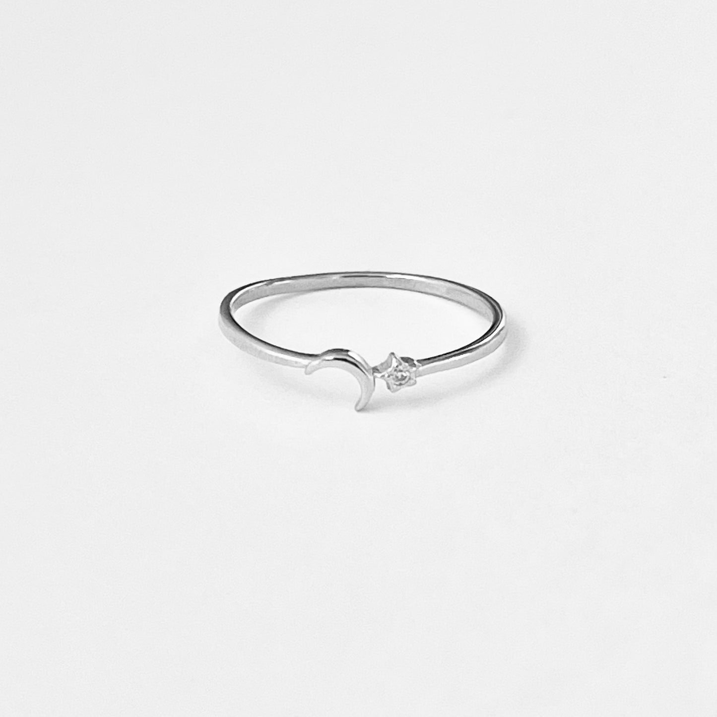 925 Sterling Silver Tiny Crescent Moon & CZ Star Ring | Dainty Delicate Celestial Silver Rings