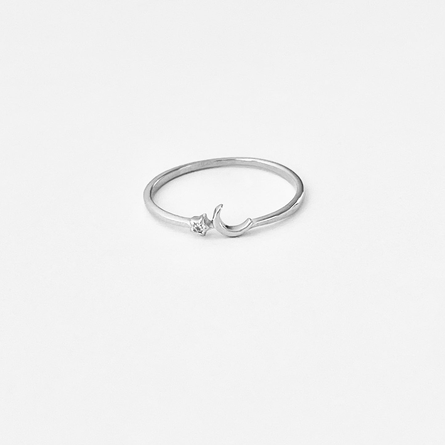 925 Sterling Silver Tiny Crescent Moon & CZ Star Ring | Dainty Delicate Celestial Silver Rings