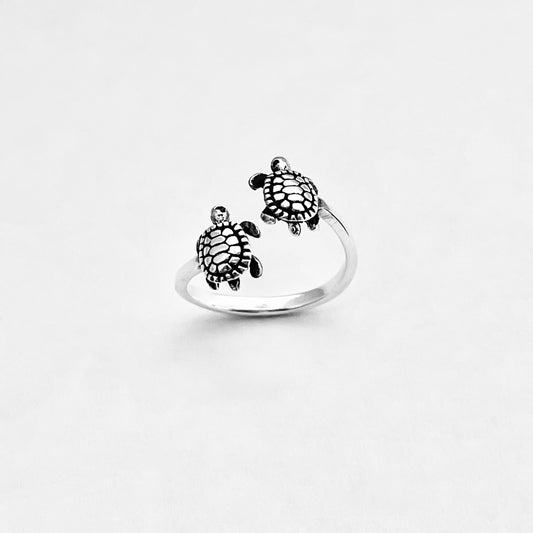 Sterling Silver Twins Turtle Ring, Sea Animals, Ocean Jewelry