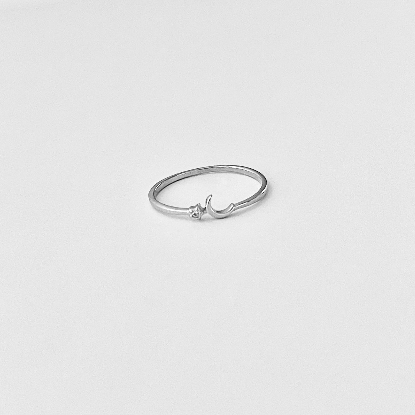 925 Sterling Silver Tiny Crescent Moon & CZ Star Ring | Dainty Delicate Celestial Silver Rings