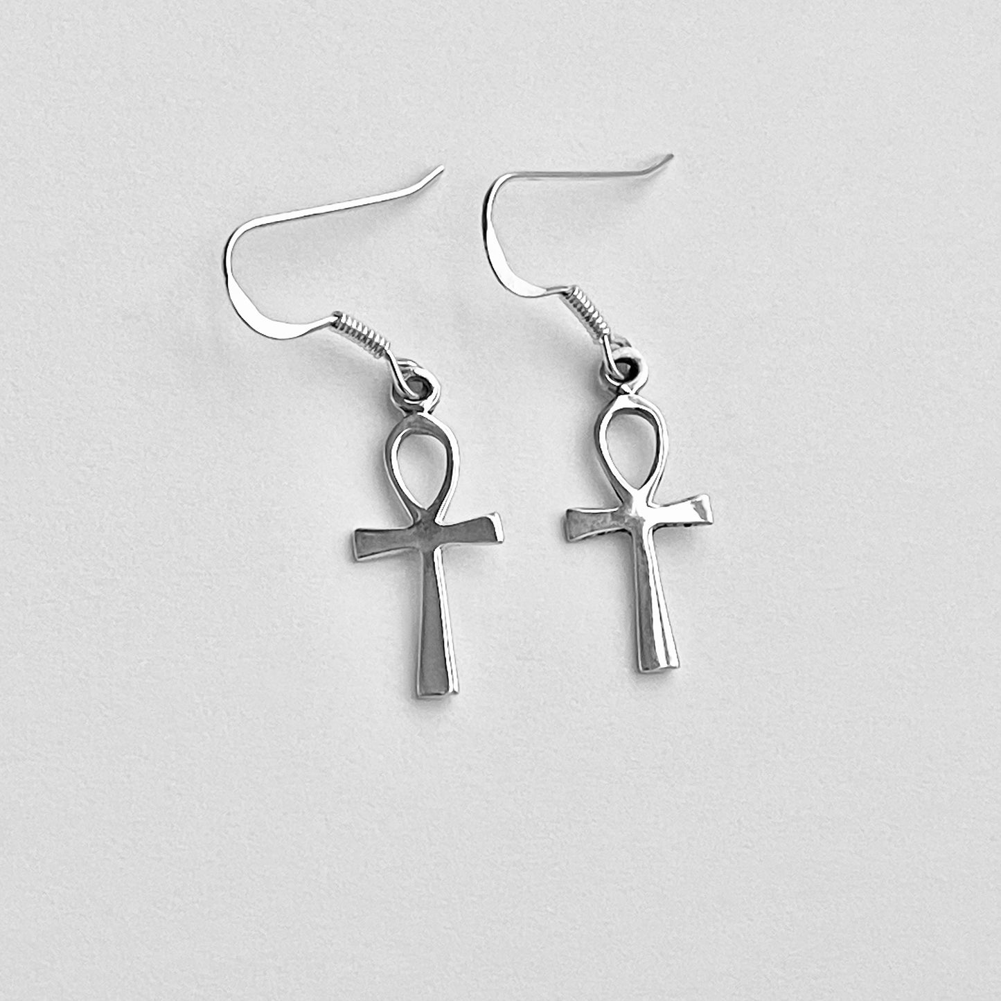 Sterling Silver Dangle Ankh Earrings | Egyptian Key of Life Drop Cross Silver Earring
