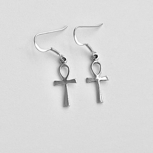 Sterling Silver Dangle Ankh Earrings | Egyptian Key of Life Drop Cross Silver Earring
