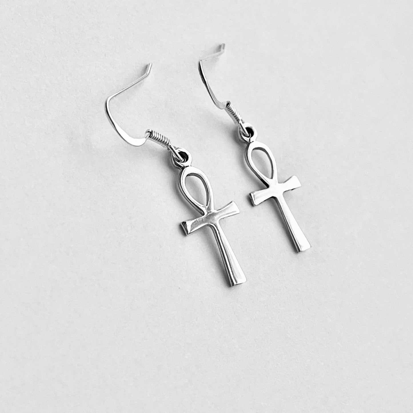 Sterling Silver Dangle Ankh Earrings | Egyptian Key of Life Drop Cross Silver Earring