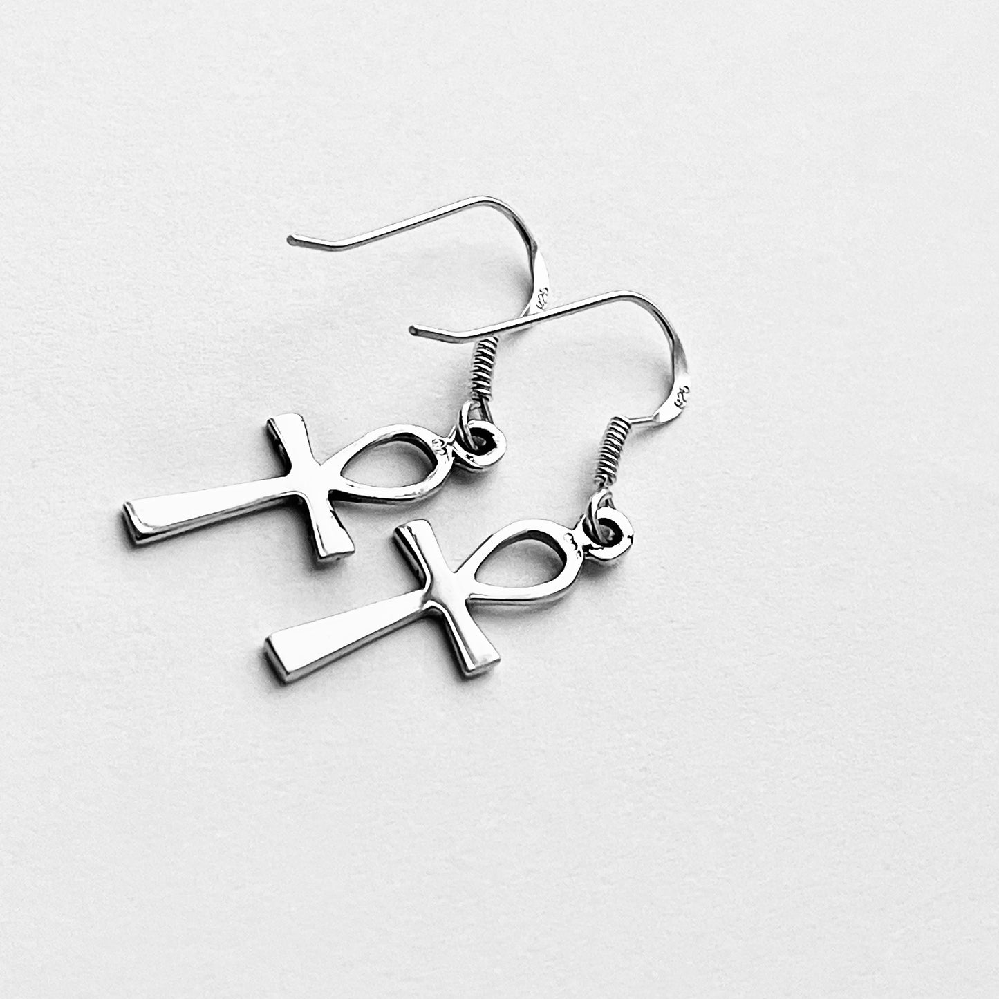 Sterling Silver Dangle Ankh Earrings | Egyptian Key of Life Drop Cross Silver Earring