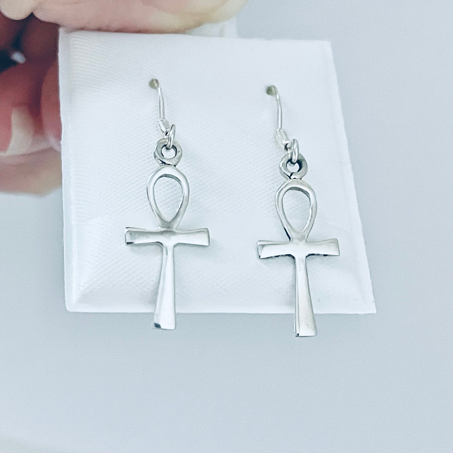 Sterling Silver Dangle Ankh Earrings | Egyptian Key of Life Drop Cross Silver Earring