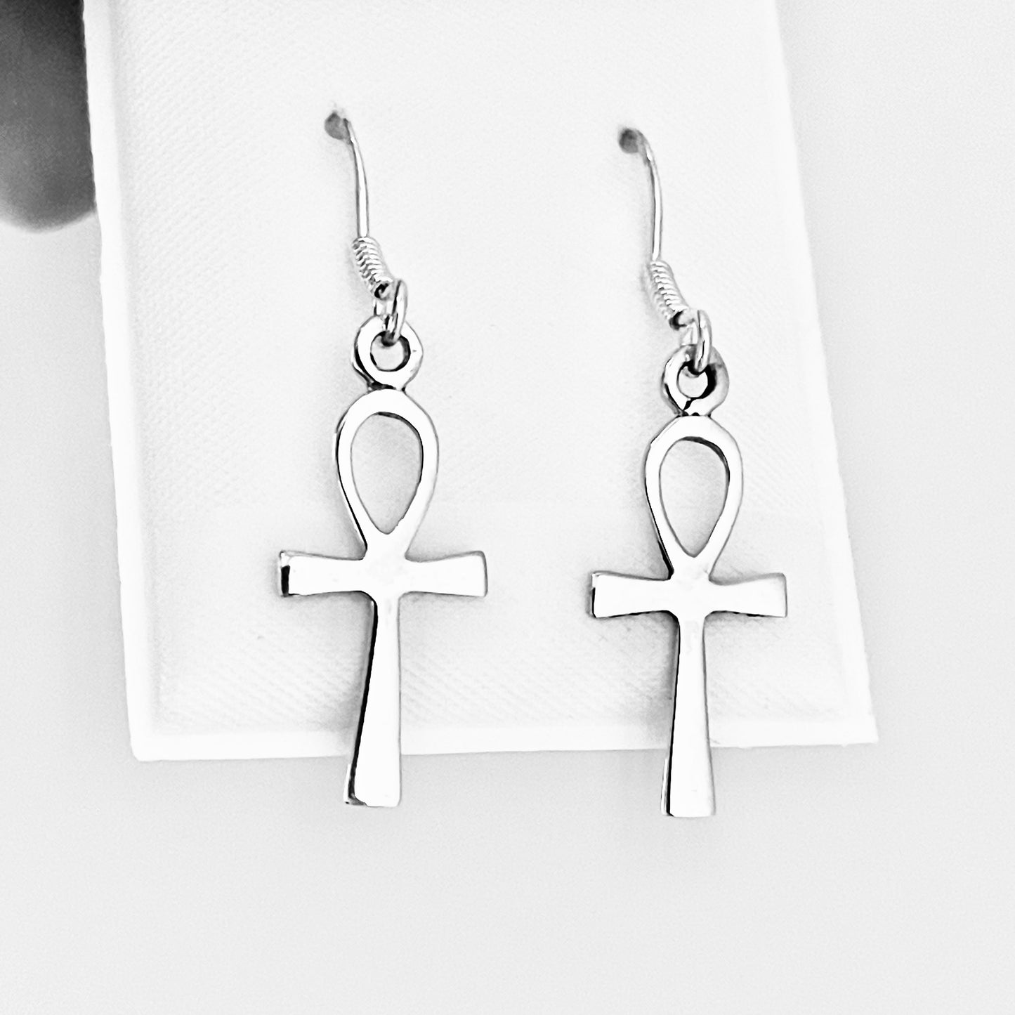Sterling Silver Dangle Ankh Earrings | Egyptian Key of Life Drop Cross Silver Earring