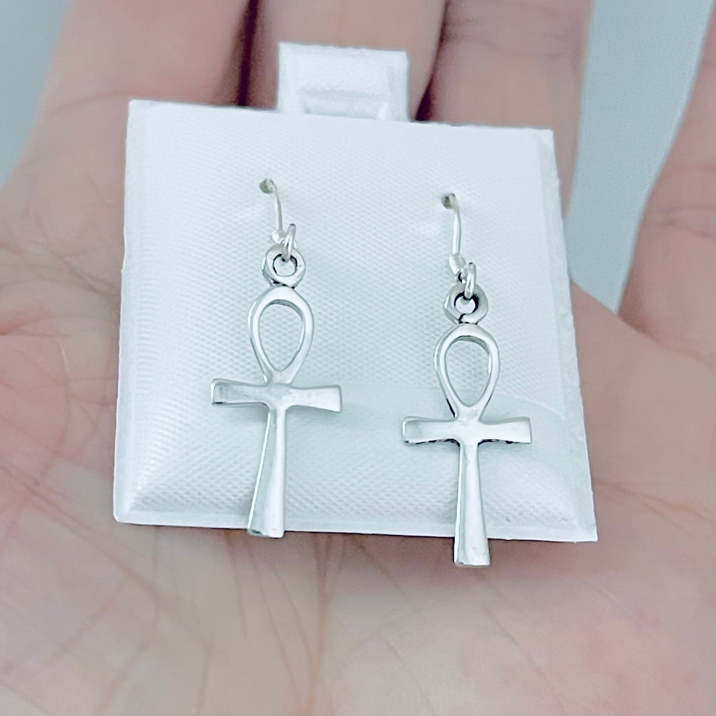 Sterling Silver Dangle Ankh Earrings | Egyptian Key of Life Drop Cross Silver Earring