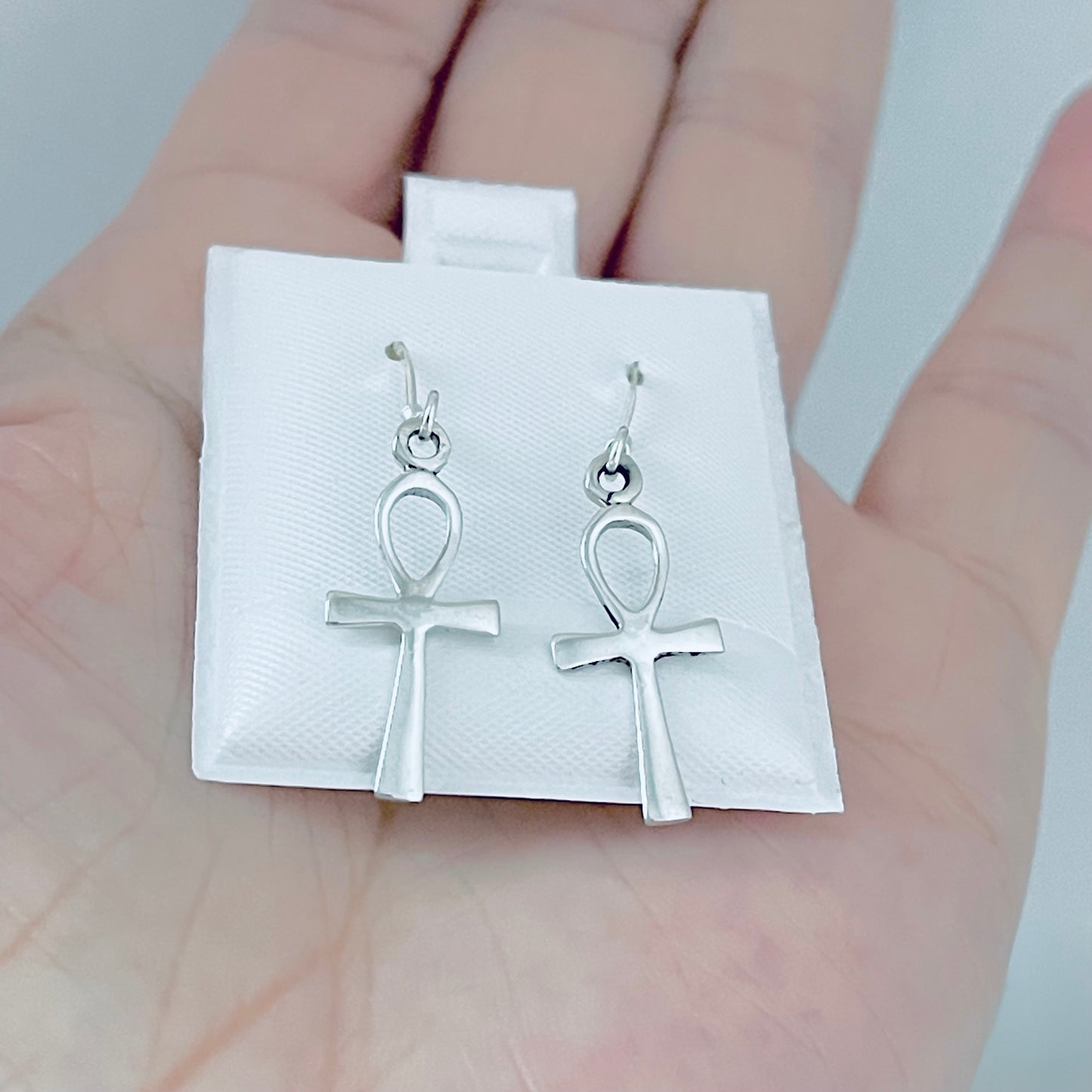Sterling Silver Dangle Ankh Earrings | Egyptian Key of Life Drop Cross Silver Earring