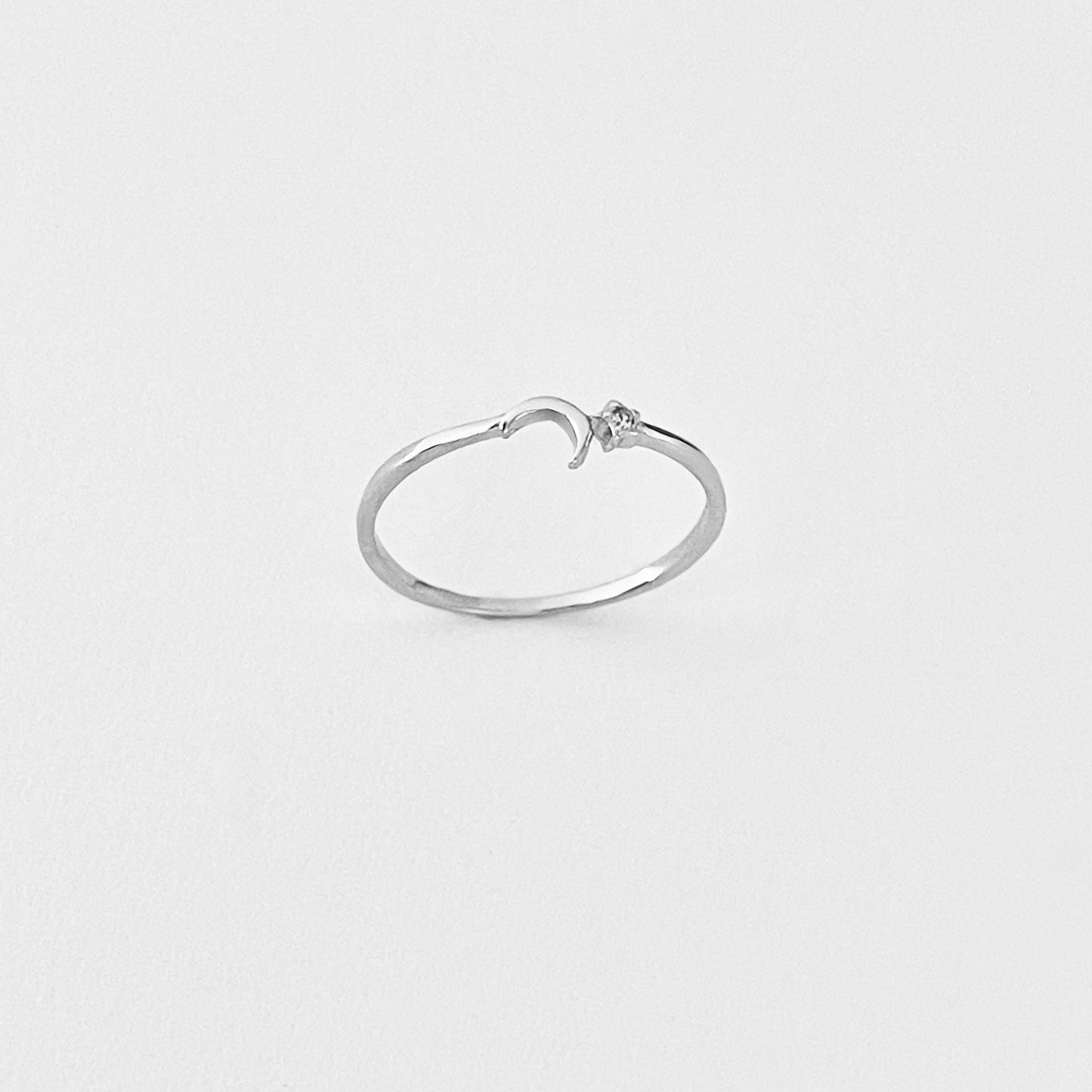 925 Sterling Silver Tiny Crescent Moon & CZ Star Ring | Dainty Delicate Celestial Silver Rings