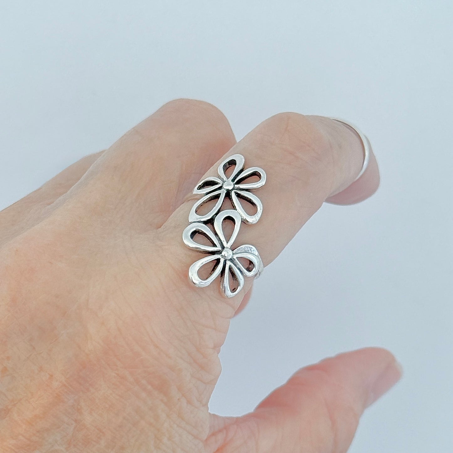 Sterling Silver 2 Large Daisy Flower Ring, Statement Jewelry