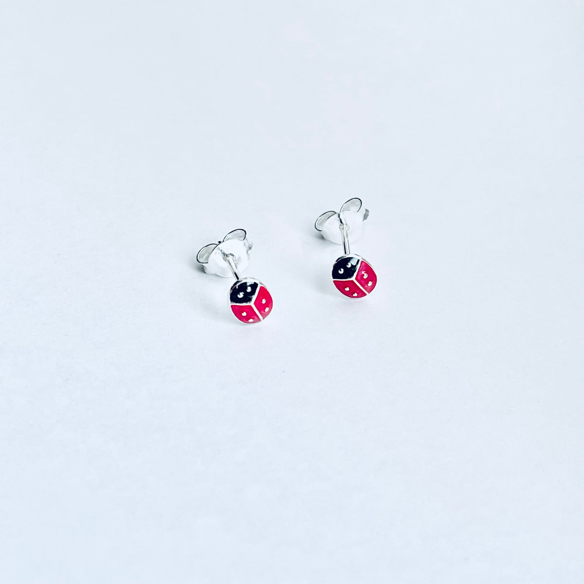 925 Sterling Silver Little Bright Red Ladybug Stud Earrings | Good Luck Insect Bug Silver Earrings