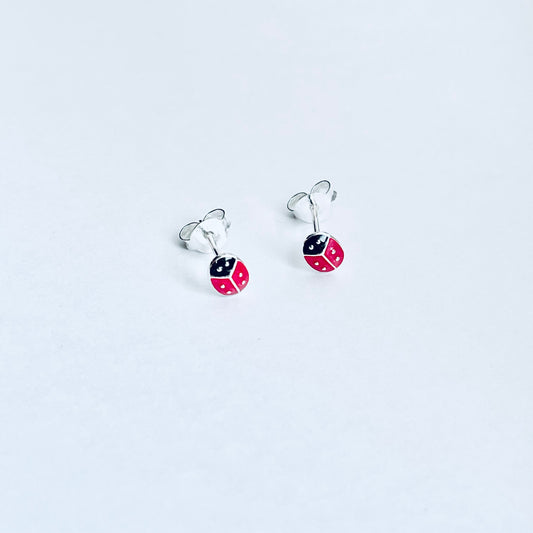 925 Sterling Silver Little Bright Red Ladybug Stud Earrings | Good Luck Insect Bug Silver Earrings