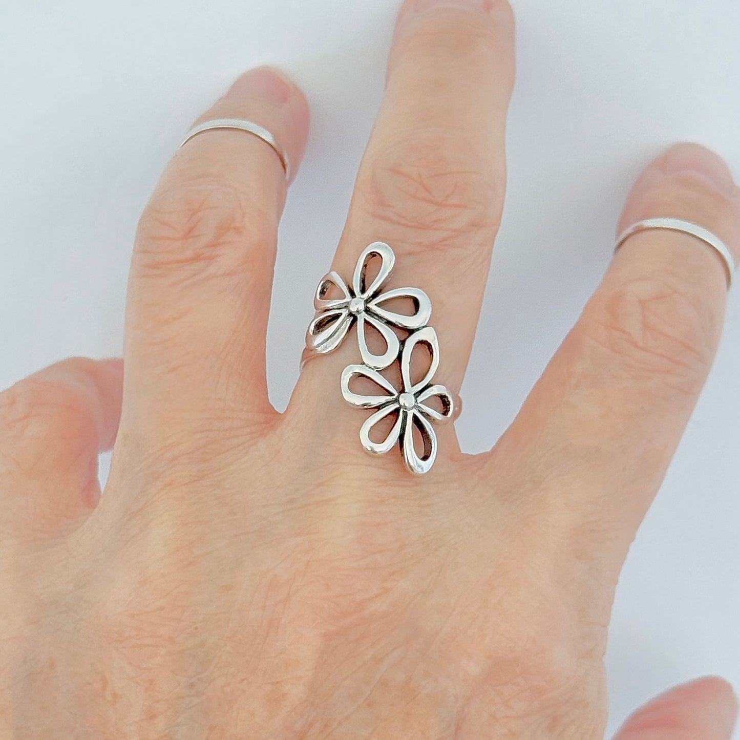 Sterling Silver 2 Large Daisy Flower Ring, Statement Jewelry