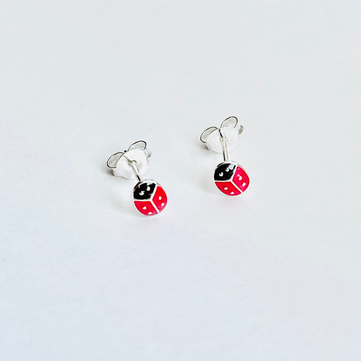 925 Sterling Silver Little Bright Red Ladybug Stud Earrings | Good Luck Insect Bug Silver Earrings