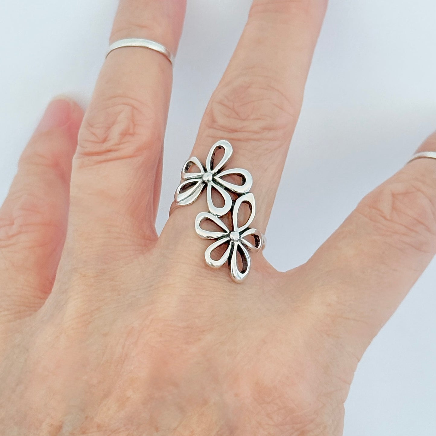 Sterling Silver 2 Large Daisy Flower Ring, Statement Jewelry