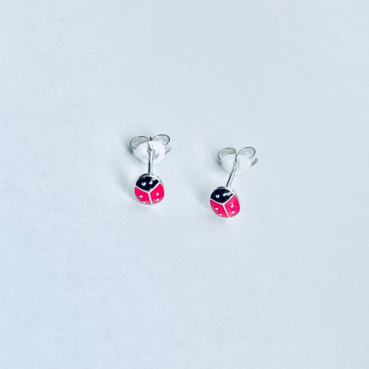 925 Sterling Silver Little Bright Red Ladybug Stud Earrings | Good Luck Insect Bug Silver Earrings