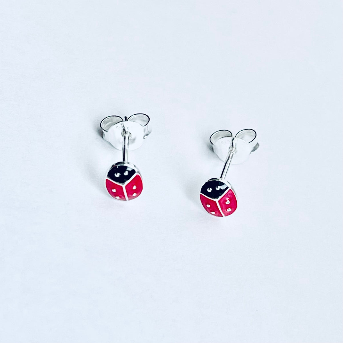 925 Sterling Silver Little Bright Red Ladybug Stud Earrings | Good Luck Insect Bug Silver Earrings