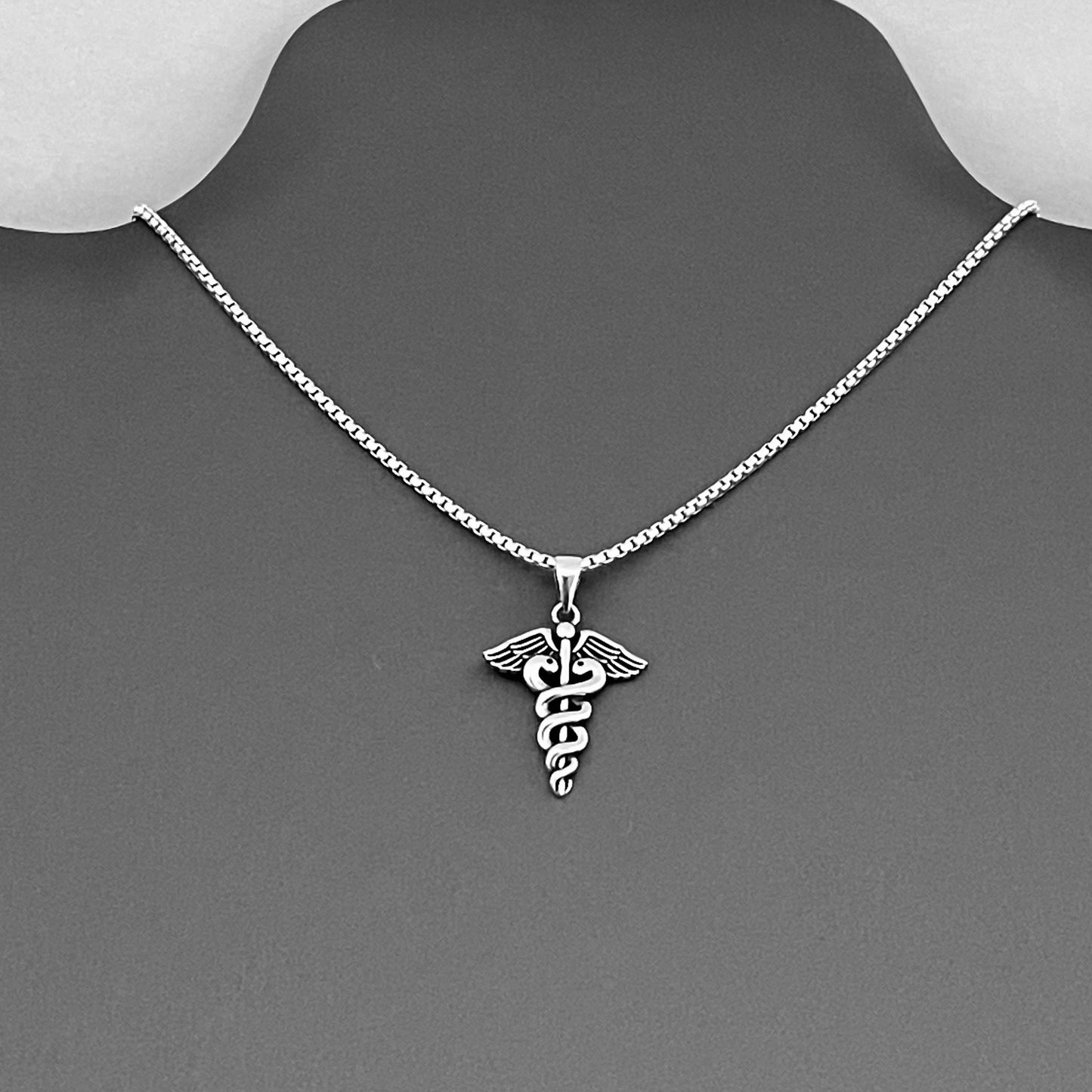 Sterling Silver Caduceus Necklace – Medical Symbol Doctor Nurse EMT Silver Pendant