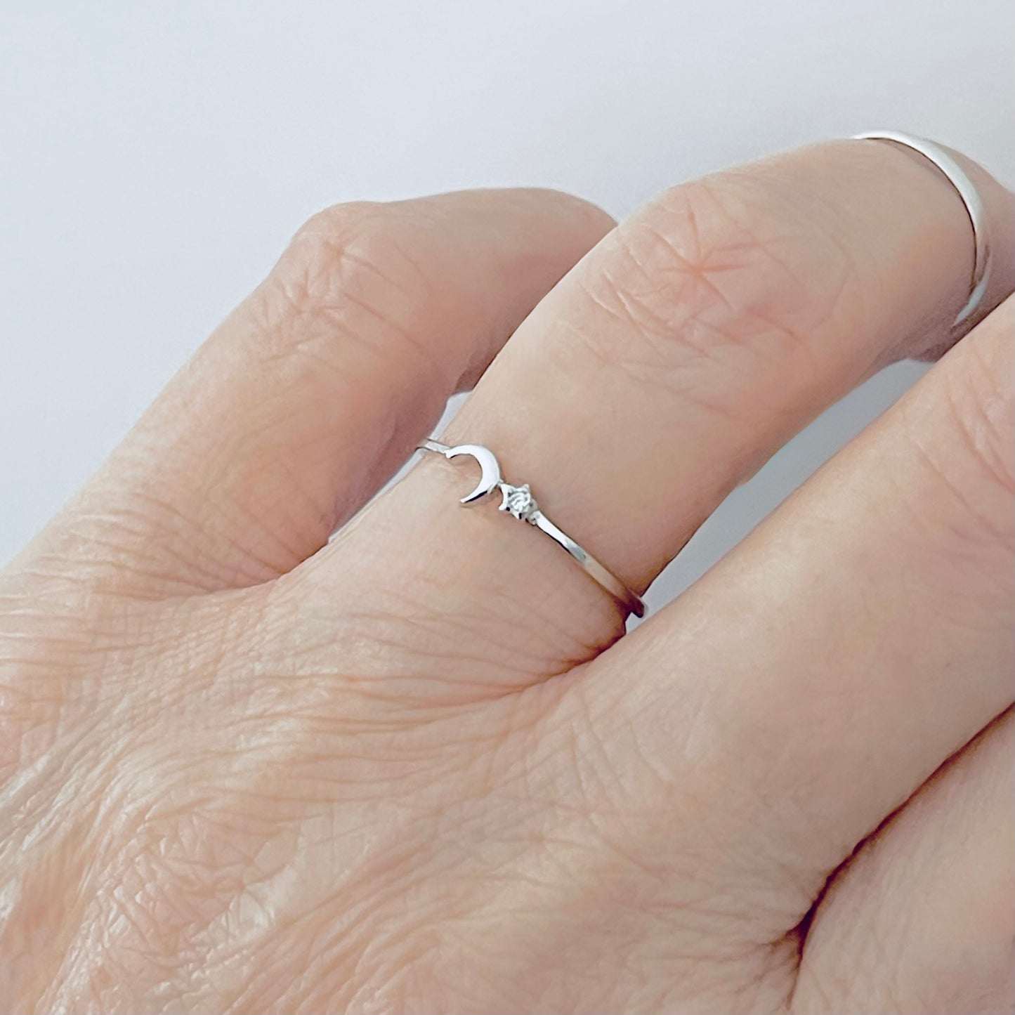 925 Sterling Silver Tiny Crescent Moon & CZ Star Ring | Dainty Delicate Celestial Silver Rings