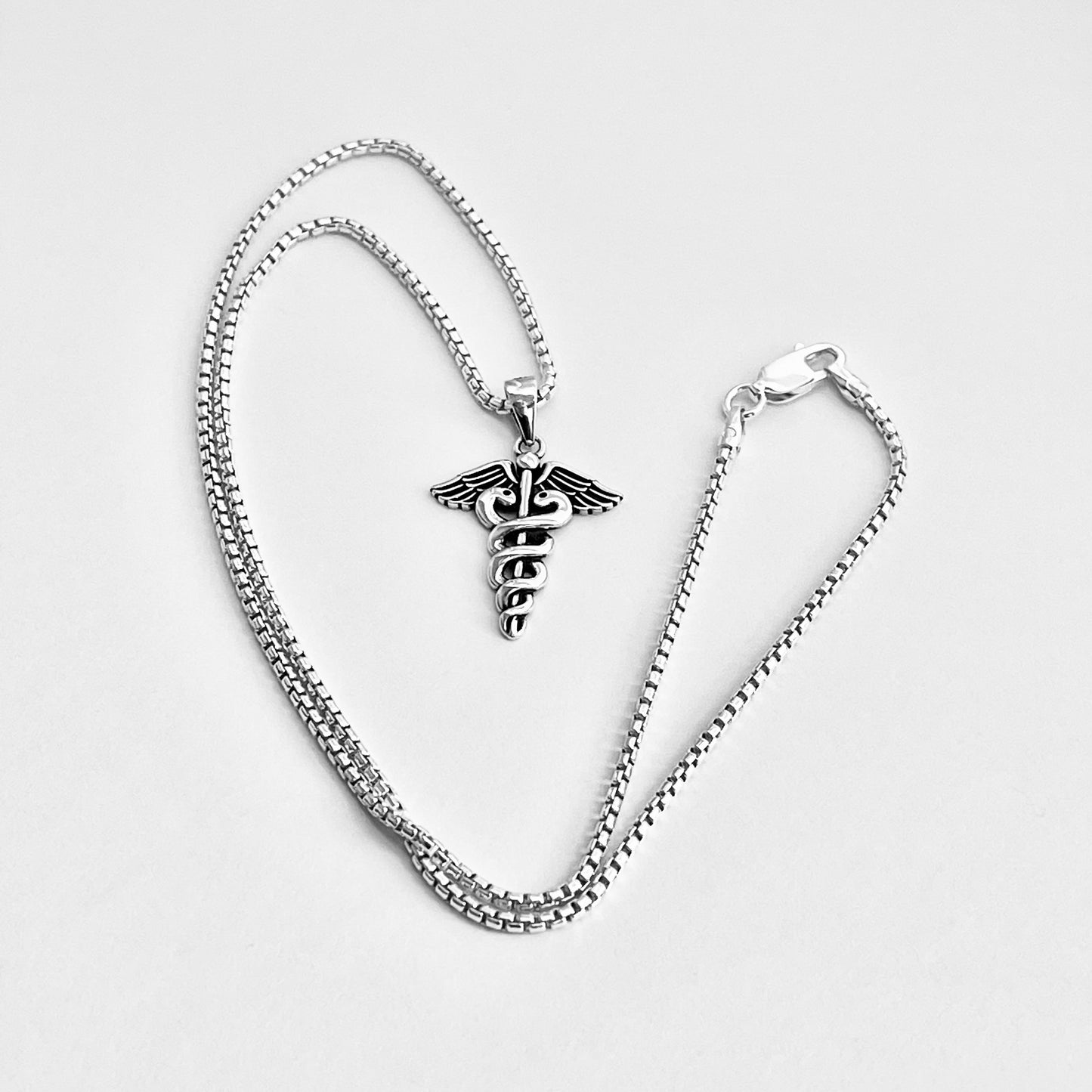 Sterling Silver Caduceus Necklace – Medical Symbol Doctor Nurse EMT Silver Pendant