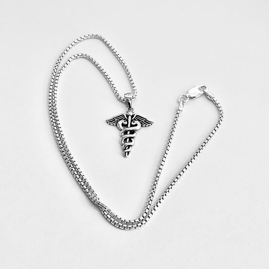Sterling Silver Caduceus Necklace – Medical Symbol Doctor Nurse EMT Silver Pendant