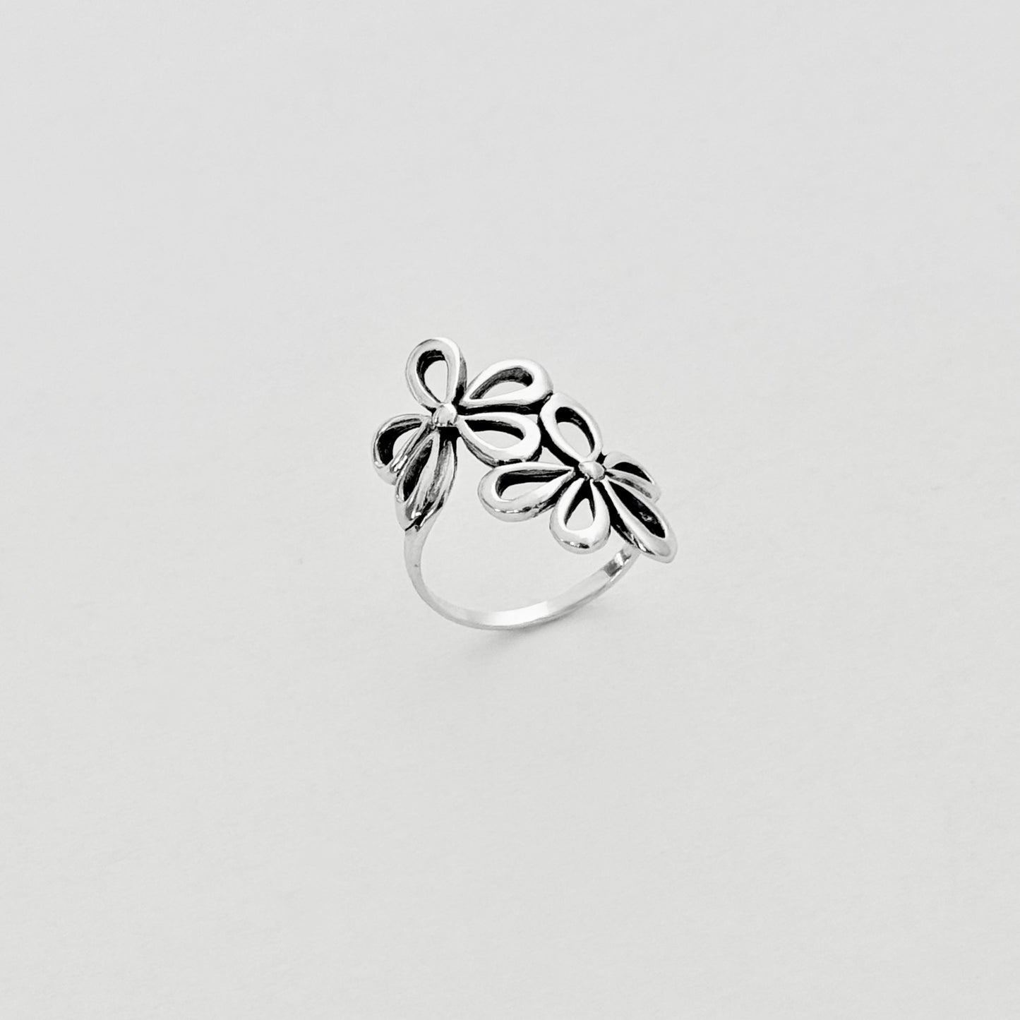 Sterling Silver Double Daisy Flower Ring – Statement Floral Boho Silver Rings