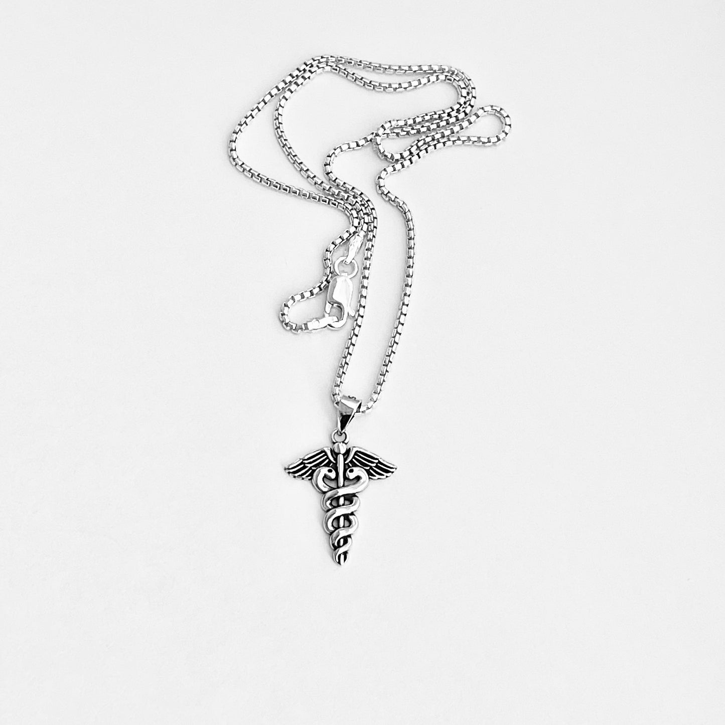 Sterling Silver Caduceus Necklace – Medical Symbol Doctor Nurse EMT Silver Pendant