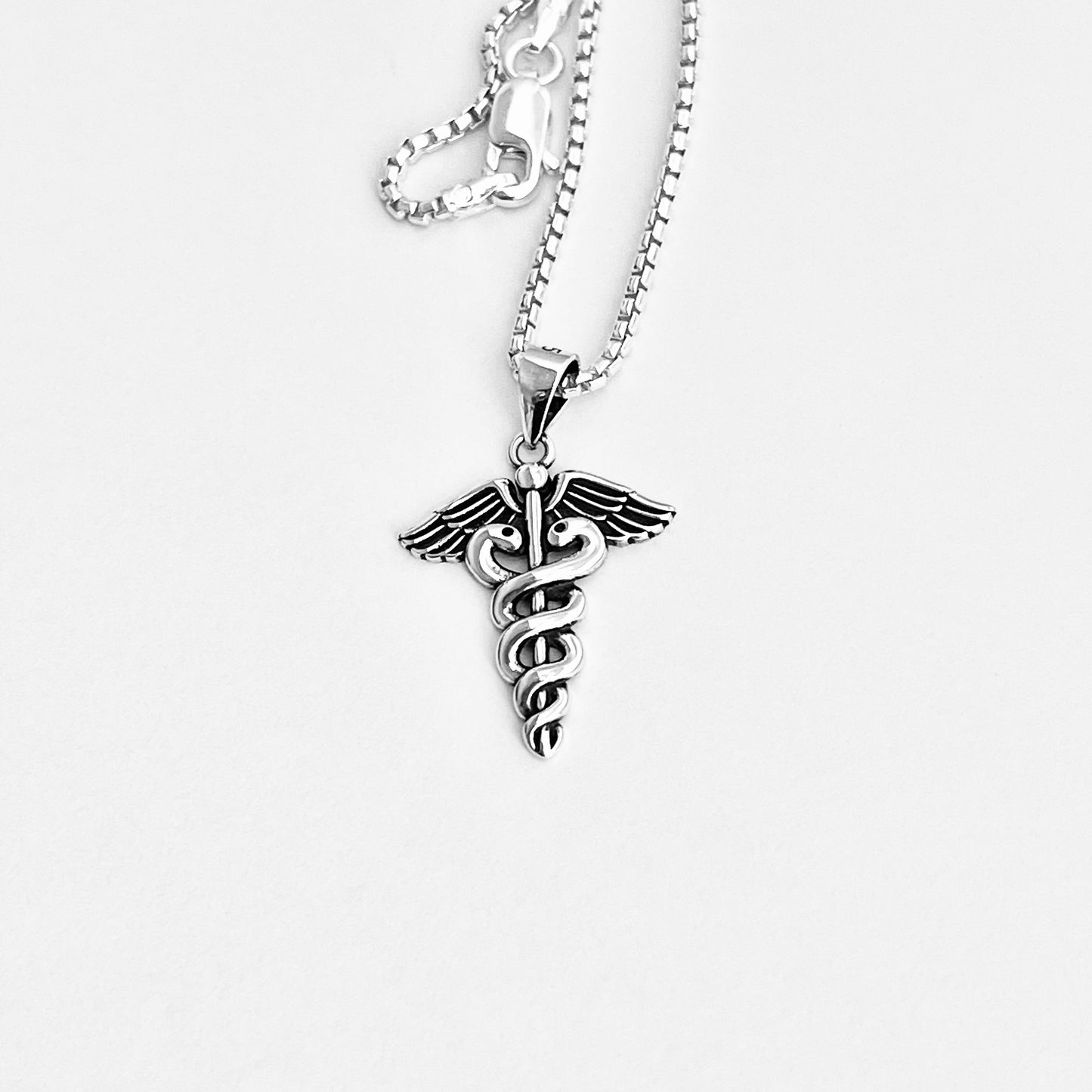 Sterling Silver Caduceus Necklace – Medical Symbol Doctor Nurse EMT Silver Pendant