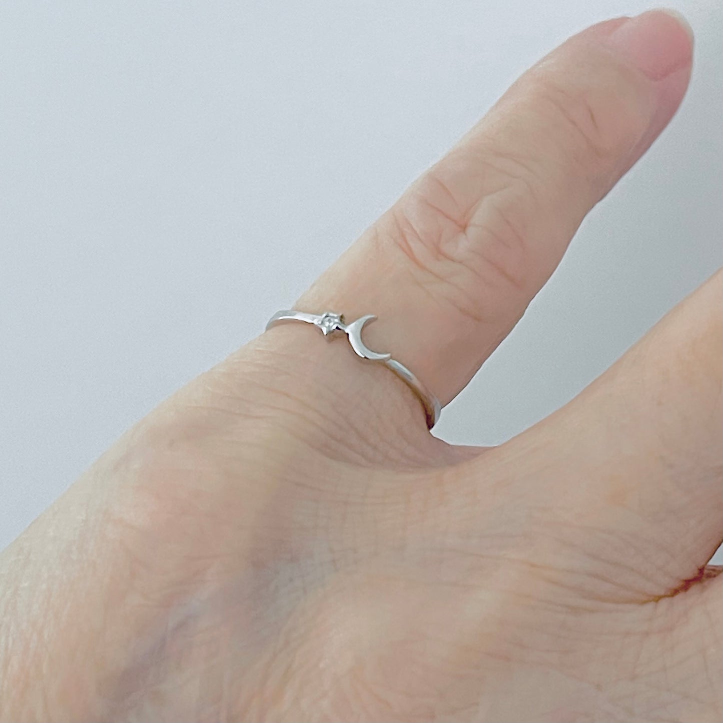 925 Sterling Silver Tiny Crescent Moon & CZ Star Ring | Dainty Delicate Celestial Silver Rings
