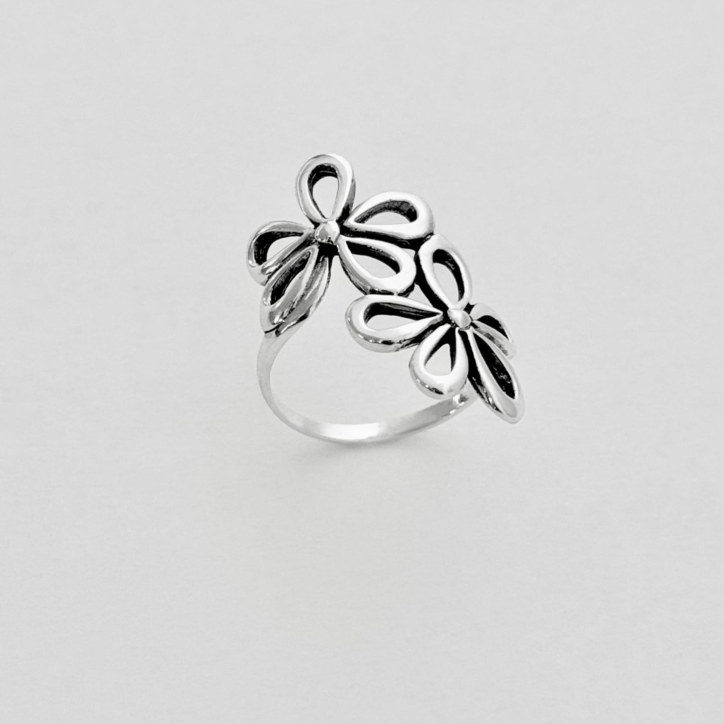 Sterling Silver Double Daisy Flower Ring – Statement Floral Boho Silver Rings