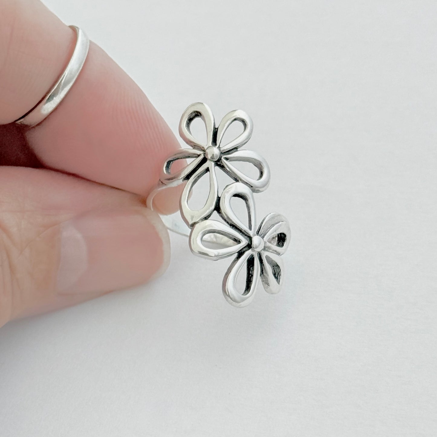 Sterling Silver Double Daisy Flower Ring – Statement Floral Boho Silver Rings