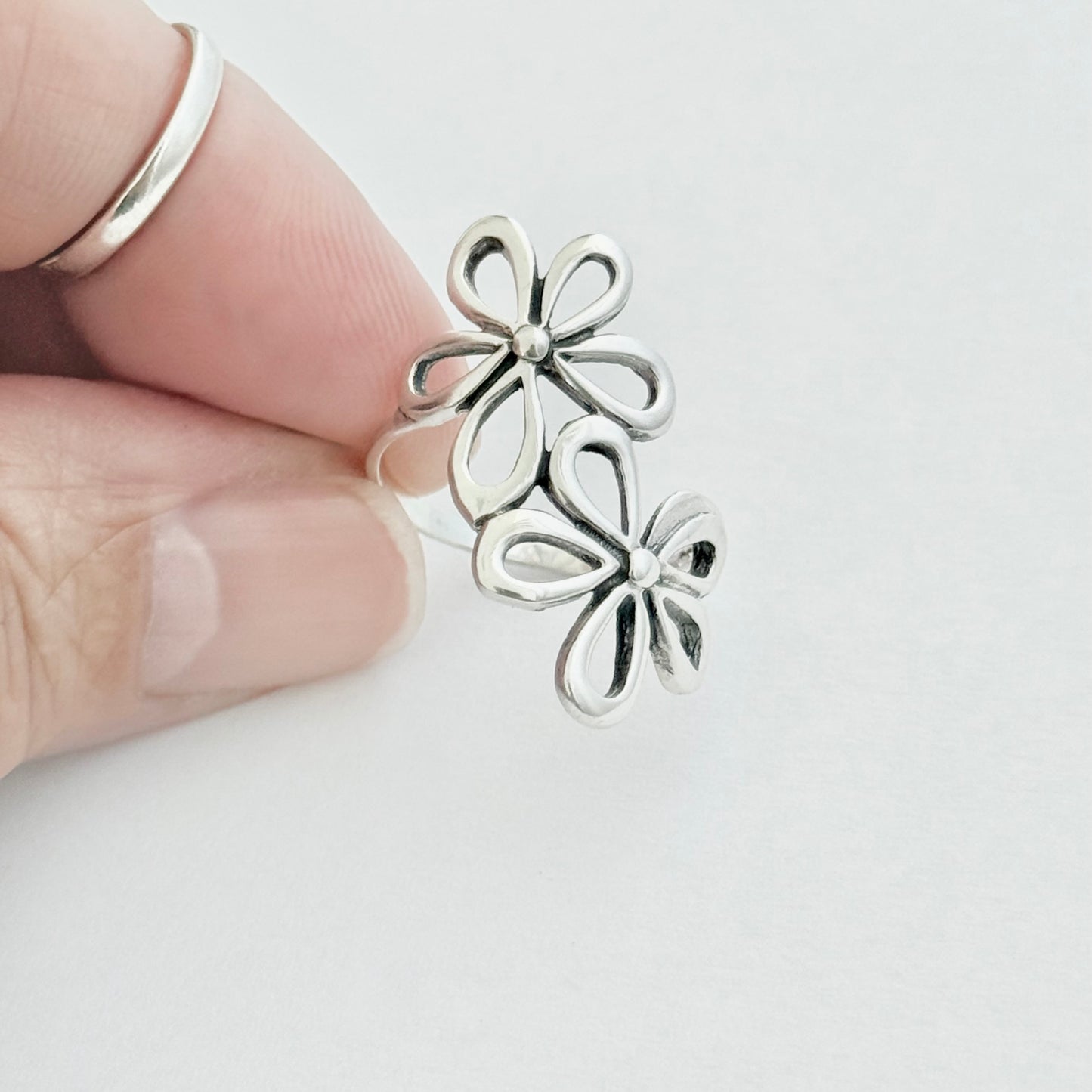 Sterling Silver 2 Large Daisy Flower Ring, Statement Jewelry