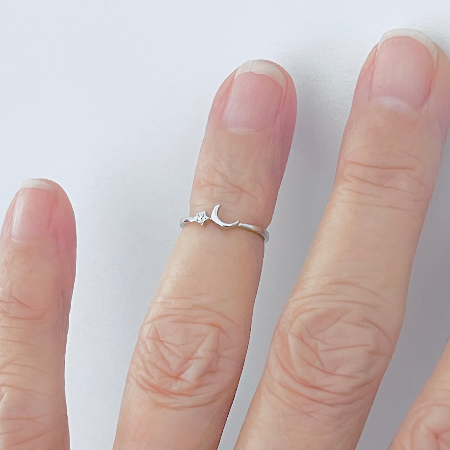 925 Sterling Silver Tiny Crescent Moon & CZ Star Ring | Dainty Delicate Celestial Silver Rings