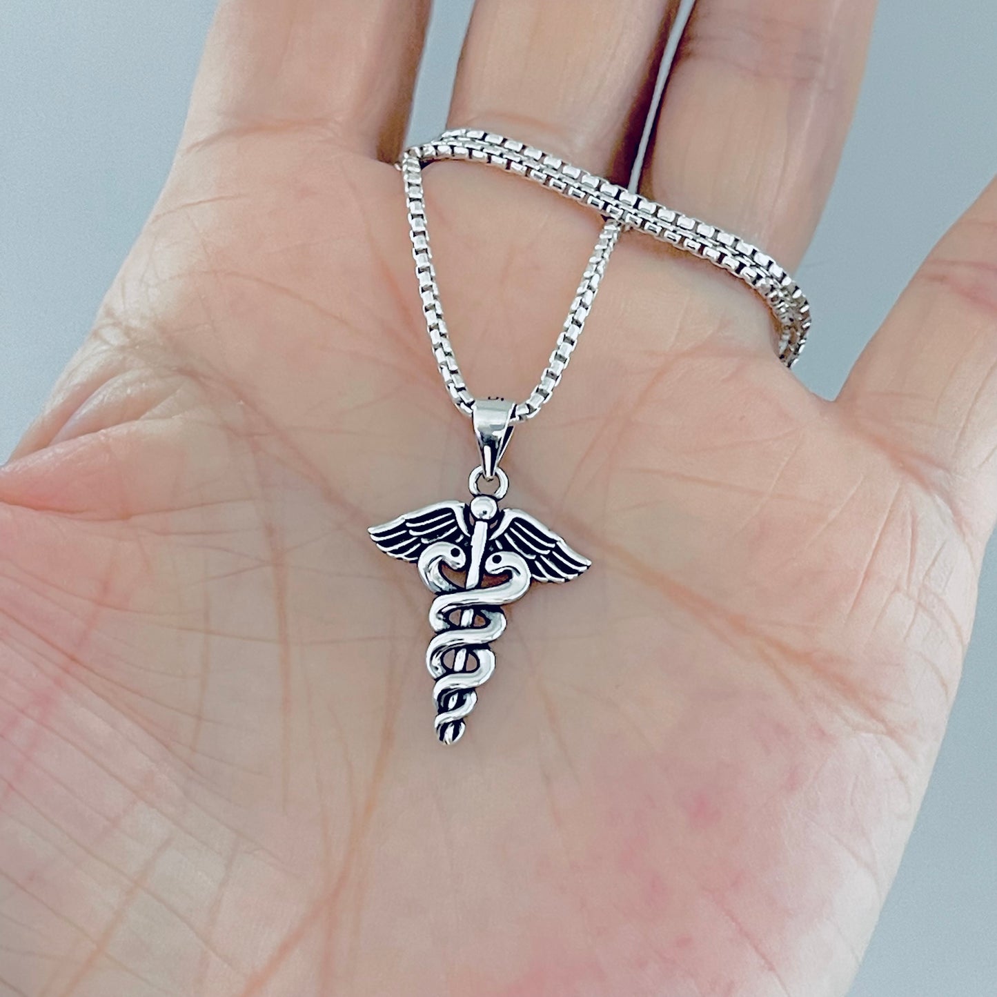 Sterling Silver Caduceus Necklace – Medical Symbol Doctor Nurse EMT Silver Pendant