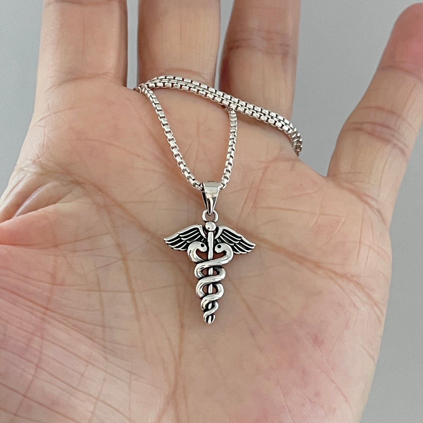 Sterling Silver Caduceus Necklace, Medical Chain, EMT Necklaces, Snake Chains