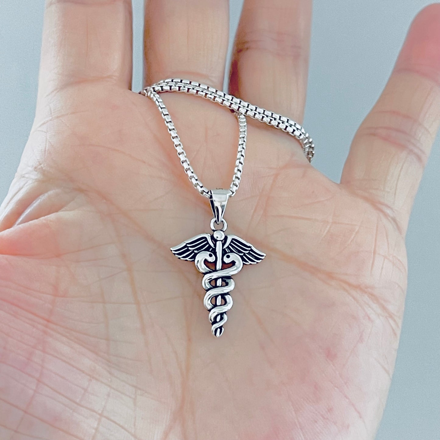 Sterling Silver Caduceus Necklace – Medical Symbol Doctor Nurse EMT Silver Pendant