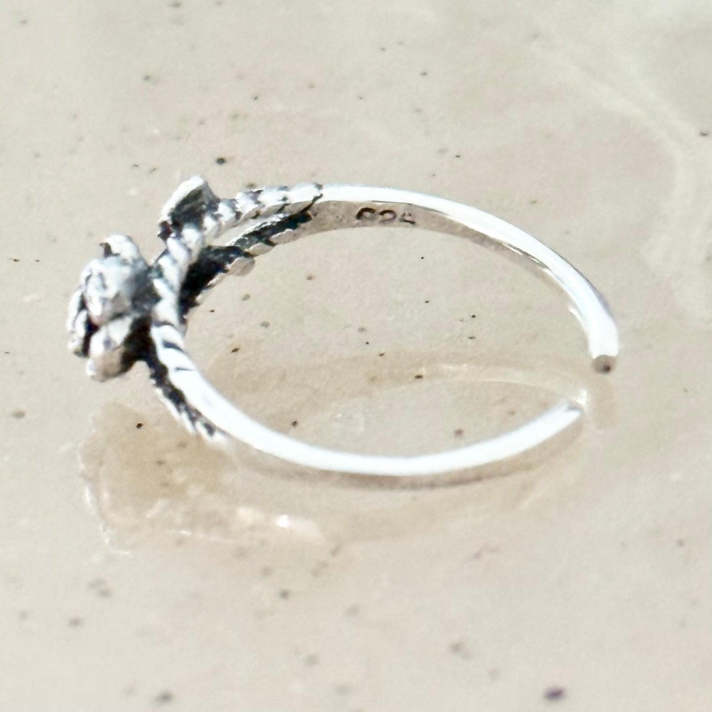 Sterling Silver Dainty Rose Toe Ring with Leaves – Flower Midi Pinky Silver Rings