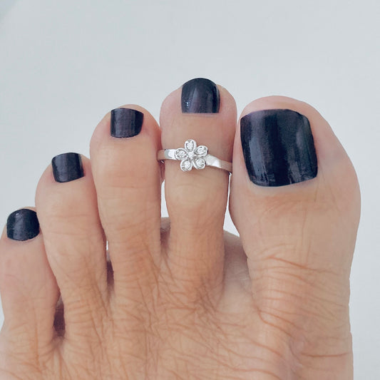 Sterling Silver CZ Plumeria Toe Ring – Dainty Hawaiian Flower Midi Pinky Rings
