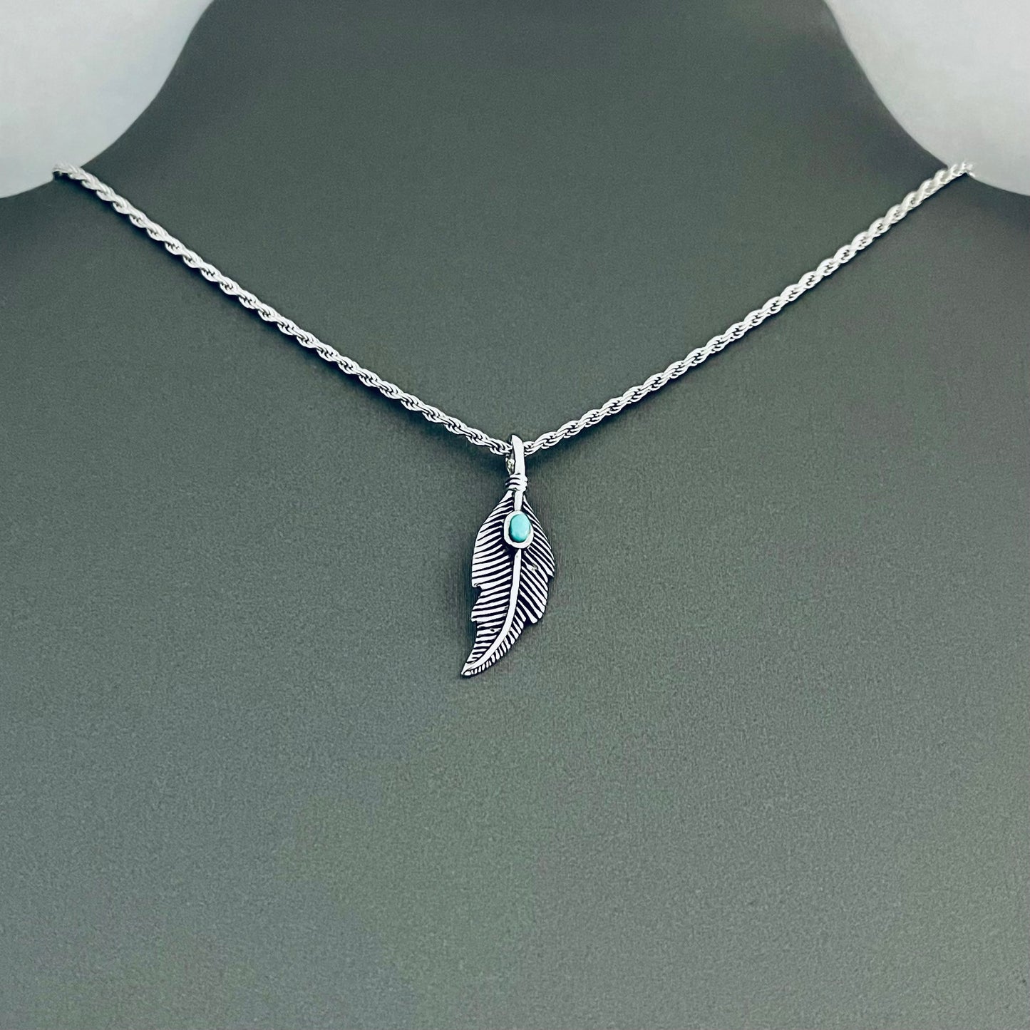 Sterling Silver Feather Necklace with Synthetic Turquoise, Angels Wing Chain, Bird Necklaces