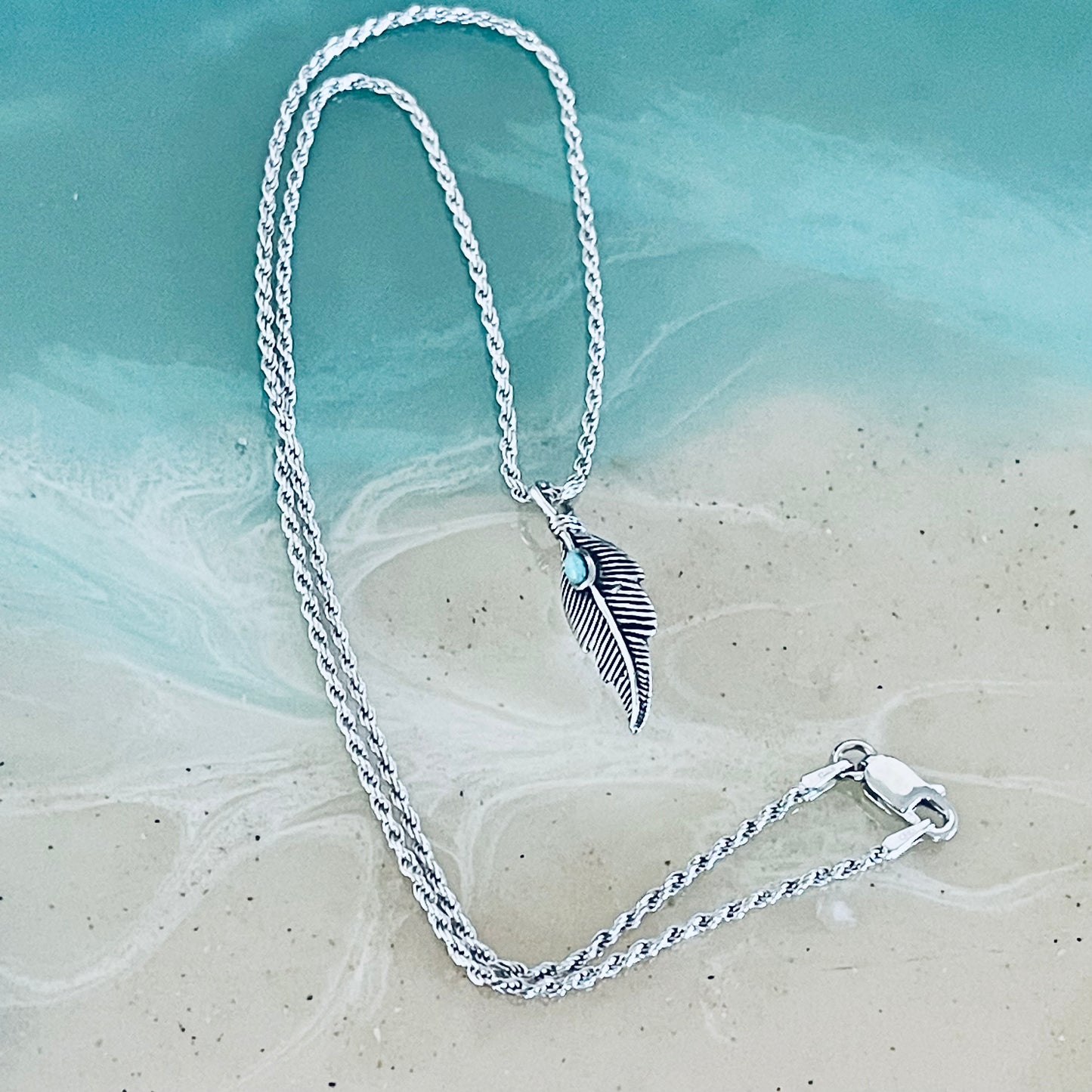 Sterling Silver Feather Necklace with Synthetic Turquoise, Angels Wing Chain, Bird Necklaces