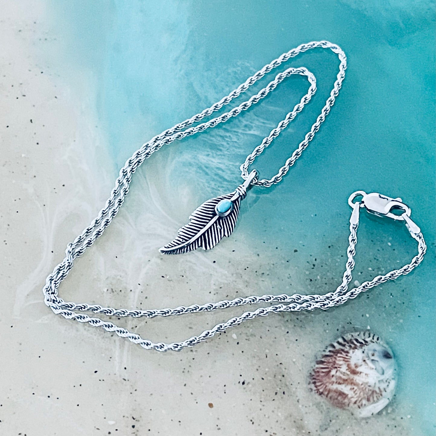 Sterling Silver Feather Necklace with Synthetic Turquoise, Angels Wing Chain, Bird Necklaces