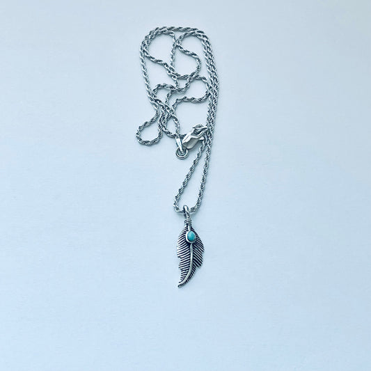 Sterling Silver Feather Necklace with Synthetic Turquoise, Angels Wing Chain, Bird Necklaces