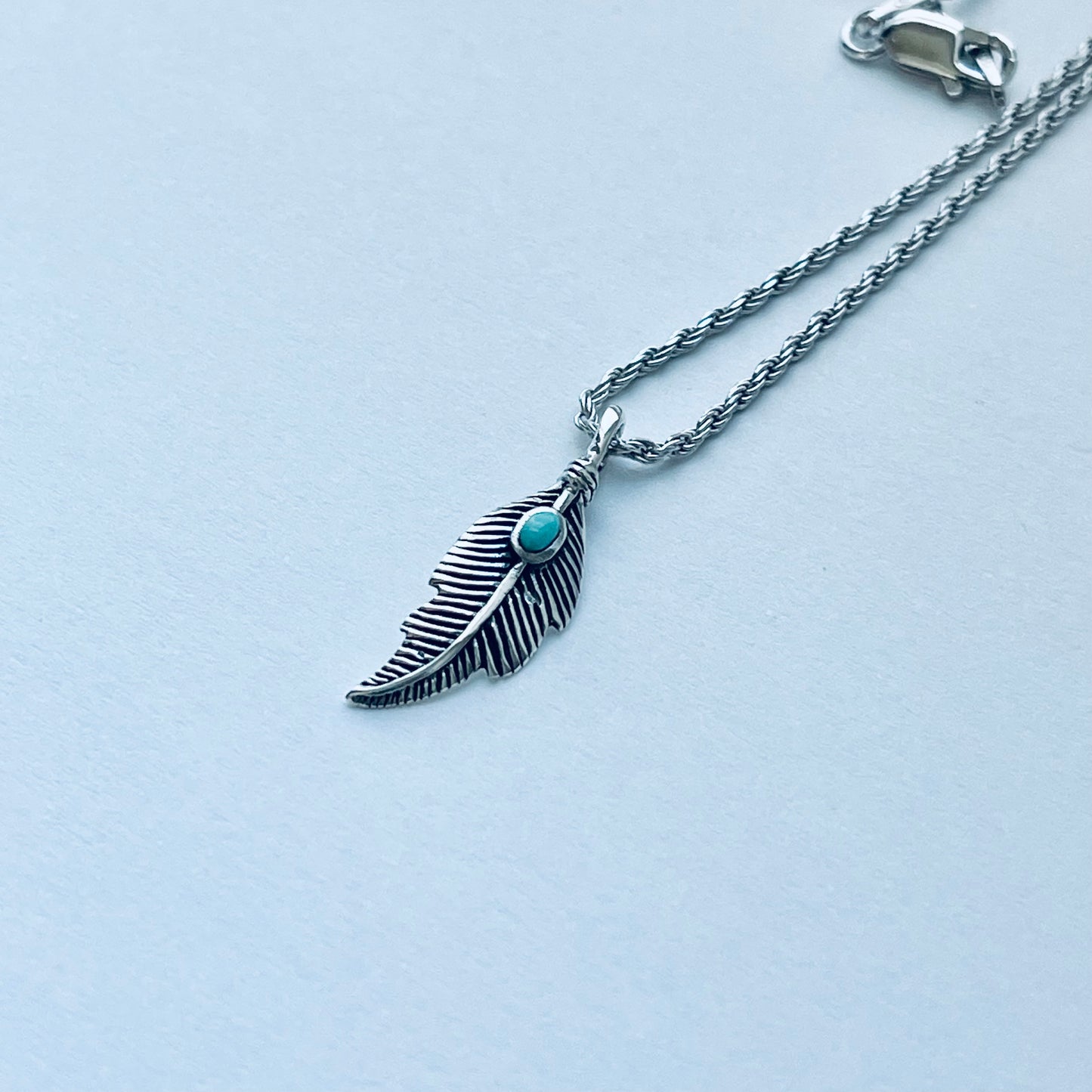 Sterling Silver Feather Necklace with Synthetic Turquoise, Angels Wing Chain, Bird Necklaces