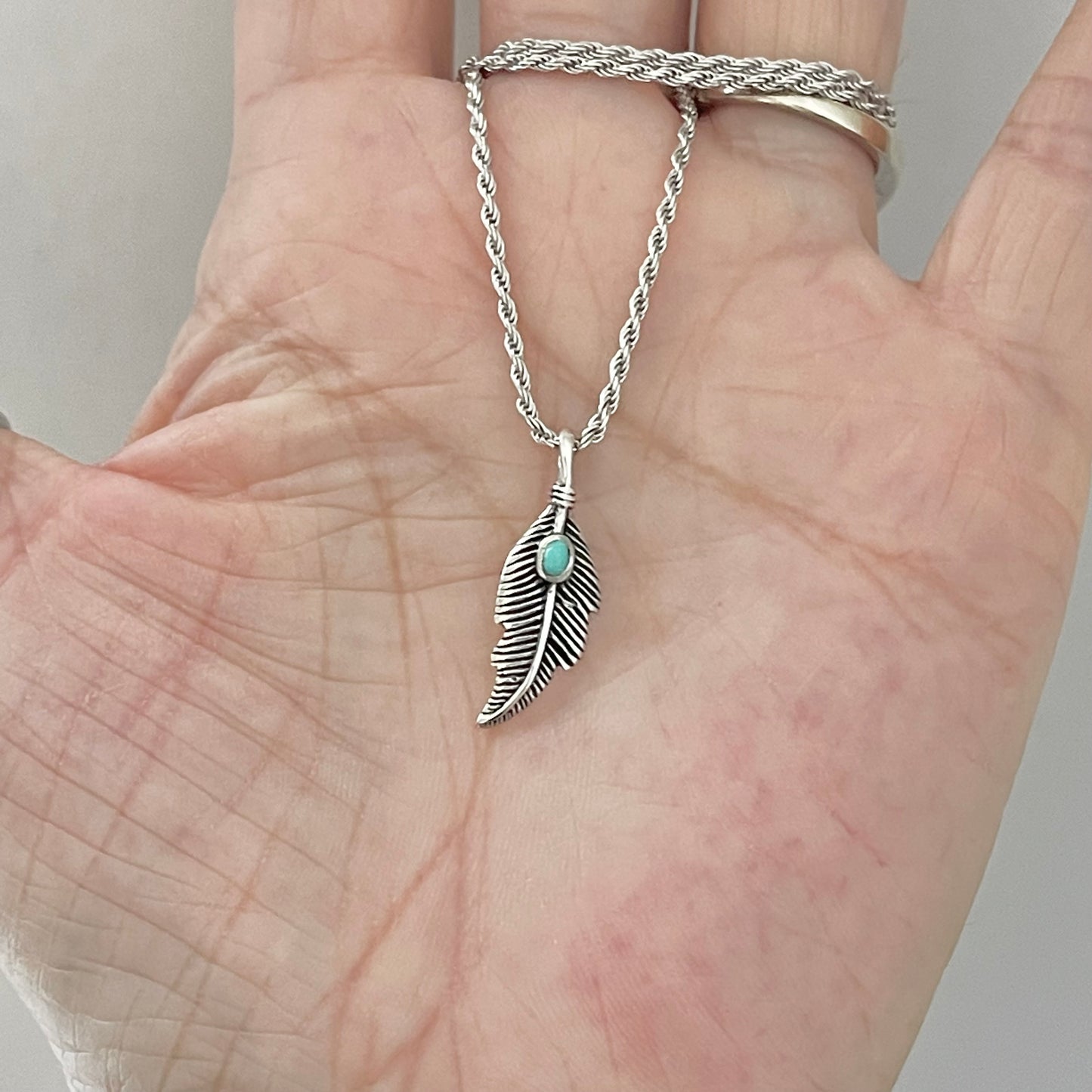 Sterling Silver Feather Necklace with Synthetic Turquoise, Angels Wing Chain, Bird Necklaces