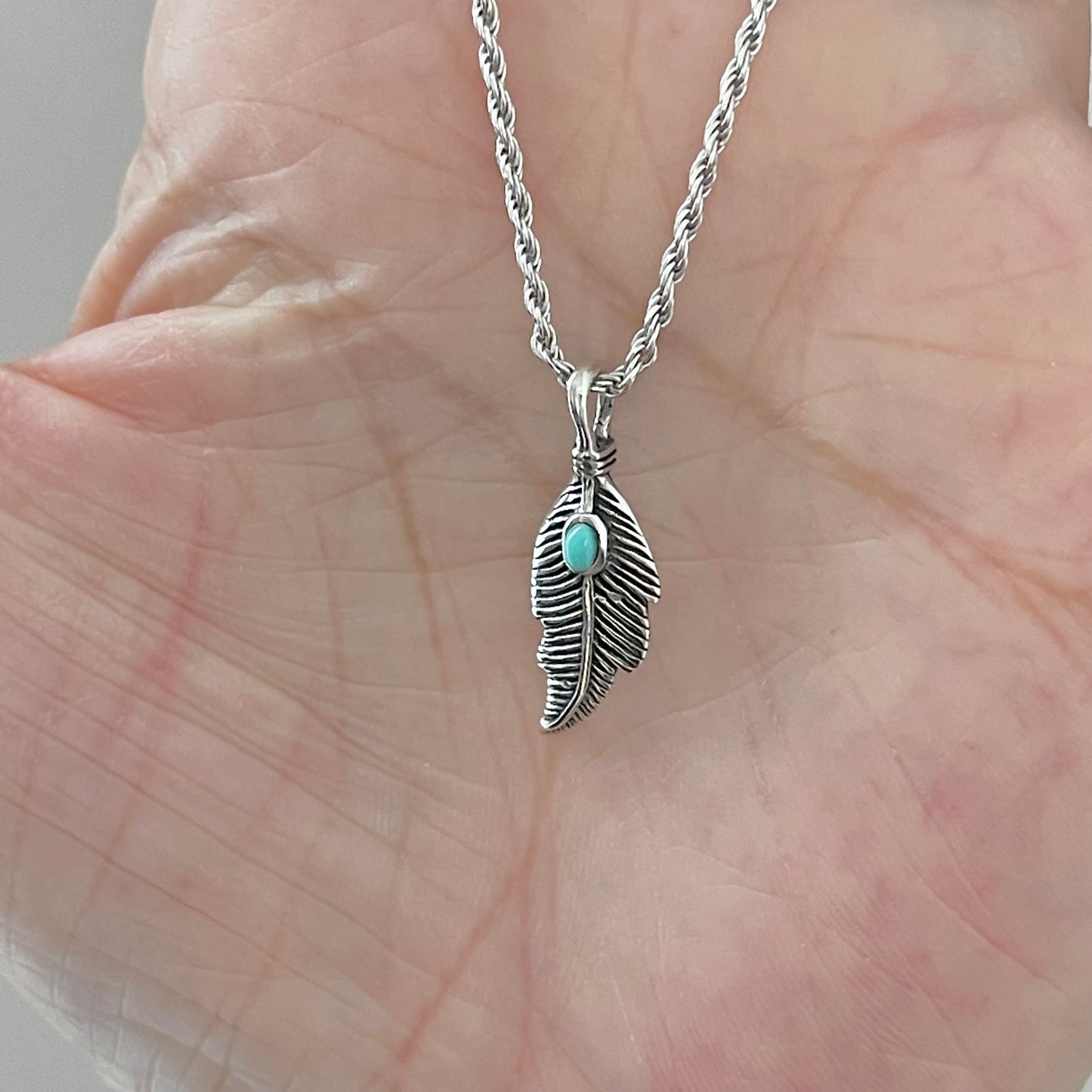 Sterling Silver Feather Necklace with Synthetic Turquoise, Angels Wing Chain, Bird Necklaces