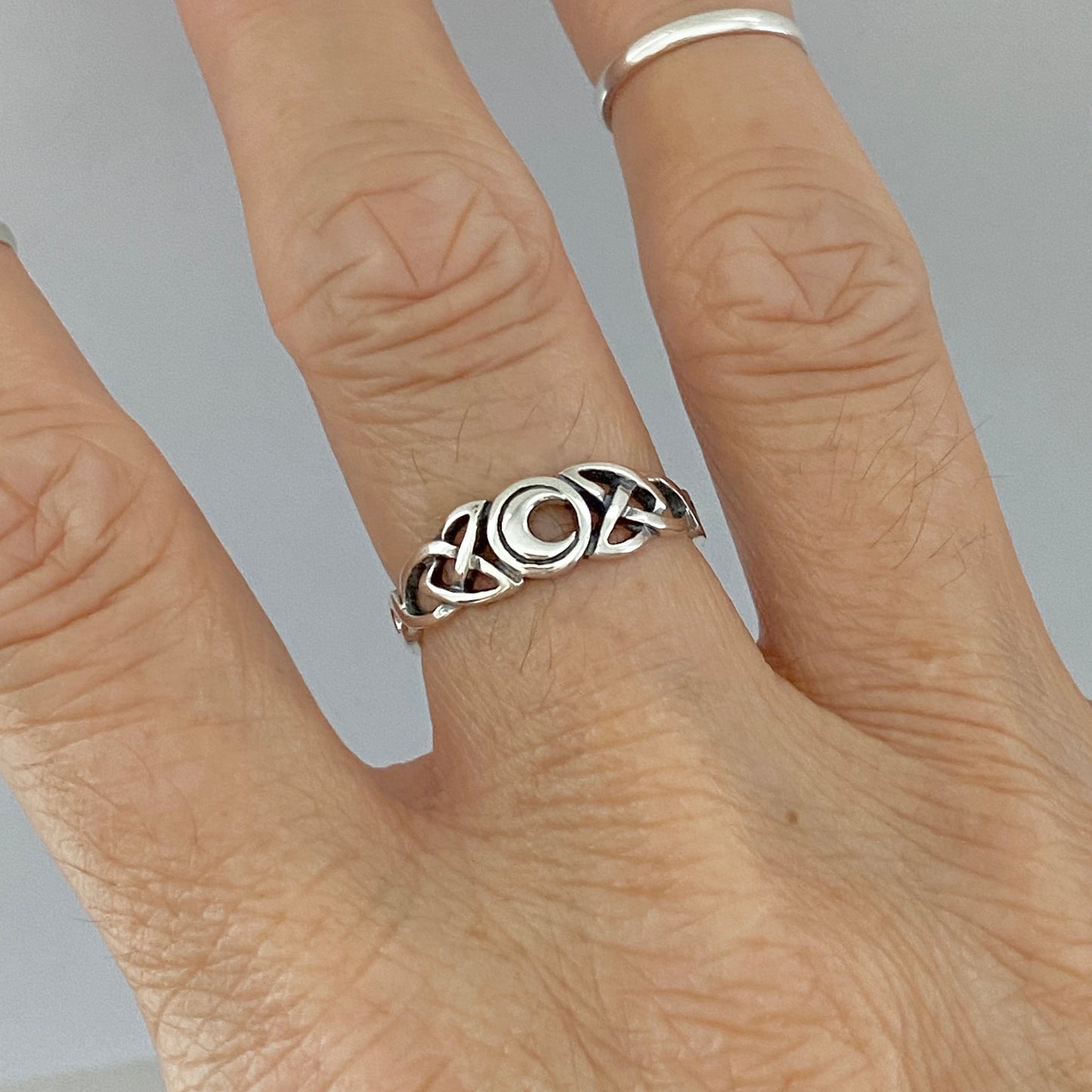 Sterling Silver Celtic and Little Crescent Moon Ring, Celestial Silver Rings, Celtics