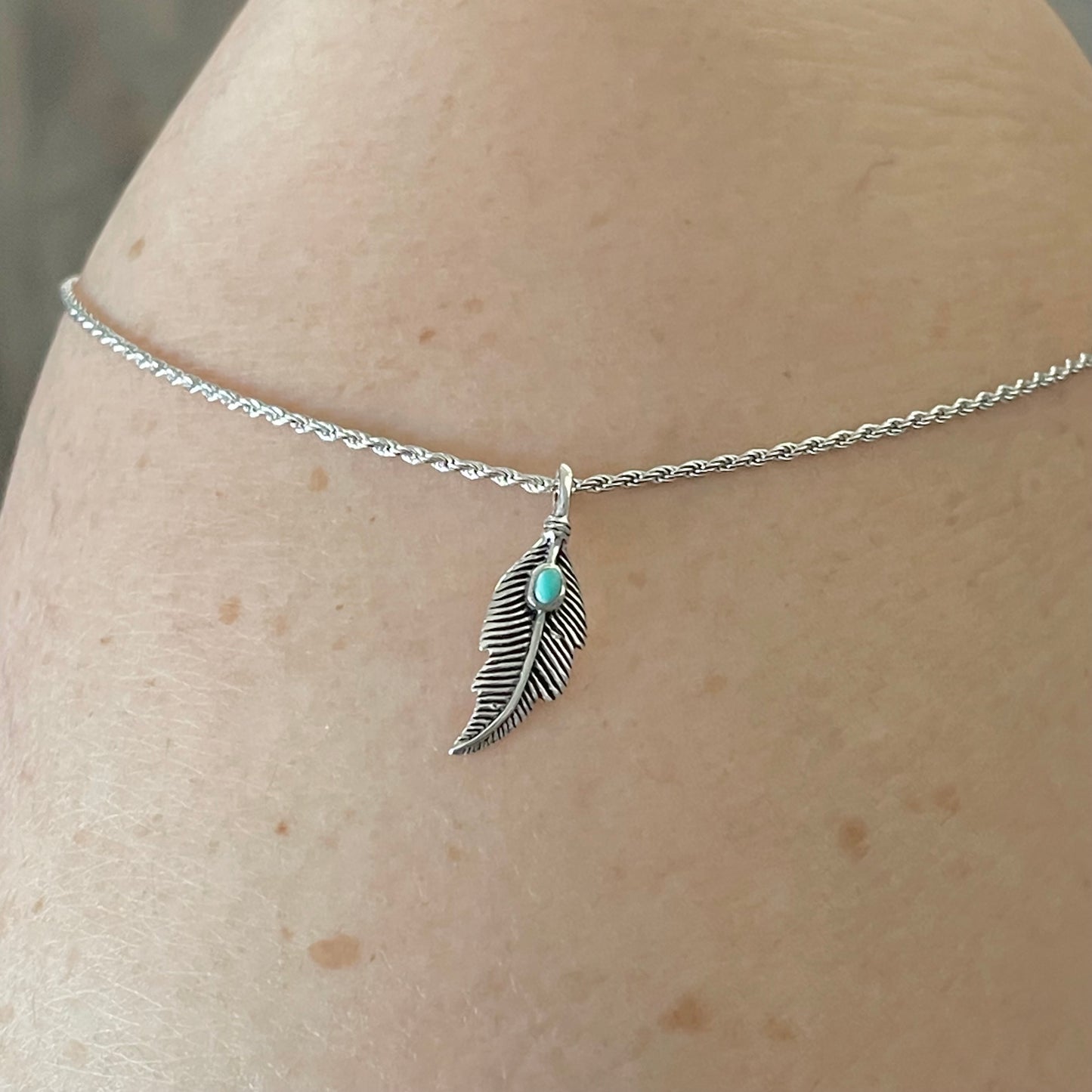 Sterling Silver Feather Necklace with Synthetic Turquoise, Angels Wing Chain, Bird Necklaces