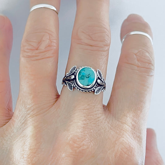 925 Sterling Silver Round Genuine Turquoise Ring with Leaves | Statement Stone Silver Rings